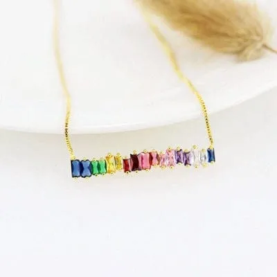 Gold Plated Rainbow AAA Cubic Zirconia Tennis Chain Necklace Choker
