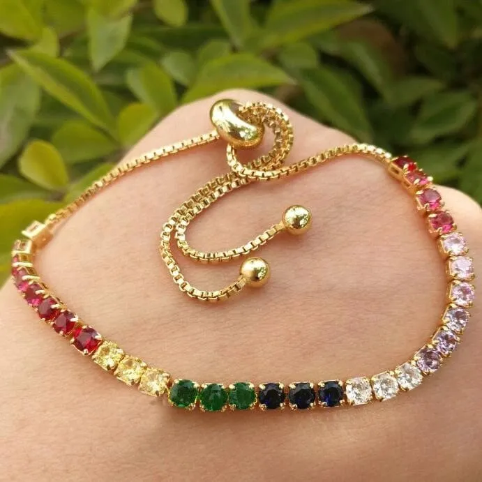 Gold Plated Rainbow AAA Cubic Zirconia Tennis Chain Necklace Choker