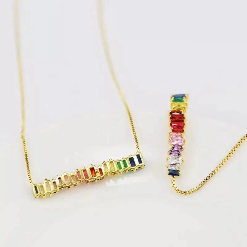 Gold Plated Rainbow AAA Cubic Zirconia Tennis Chain Necklace Choker