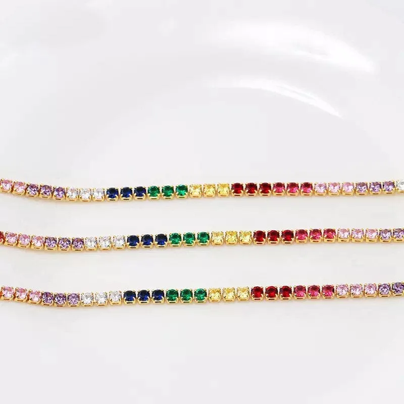 Gold Plated Rainbow AAA Cubic Zirconia Tennis Chain Necklace Choker