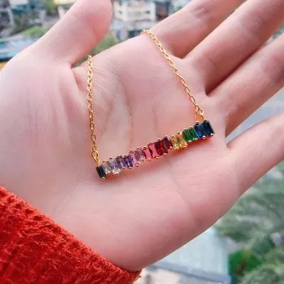 Gold Plated Rainbow AAA Cubic Zirconia Tennis Chain Necklace Choker
