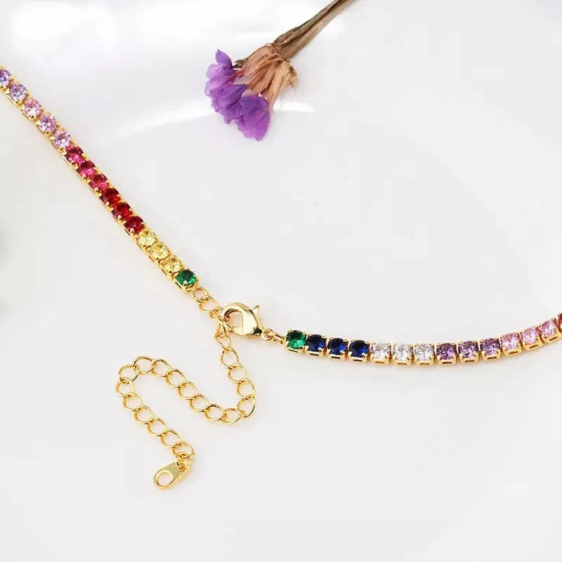 Gold Plated Rainbow AAA Cubic Zirconia Tennis Chain Necklace Choker