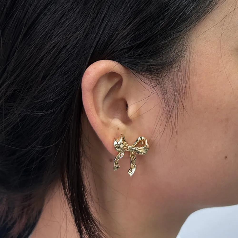 Gold Silver Bow Earrings Women Ribbon Stud Earrings Gift