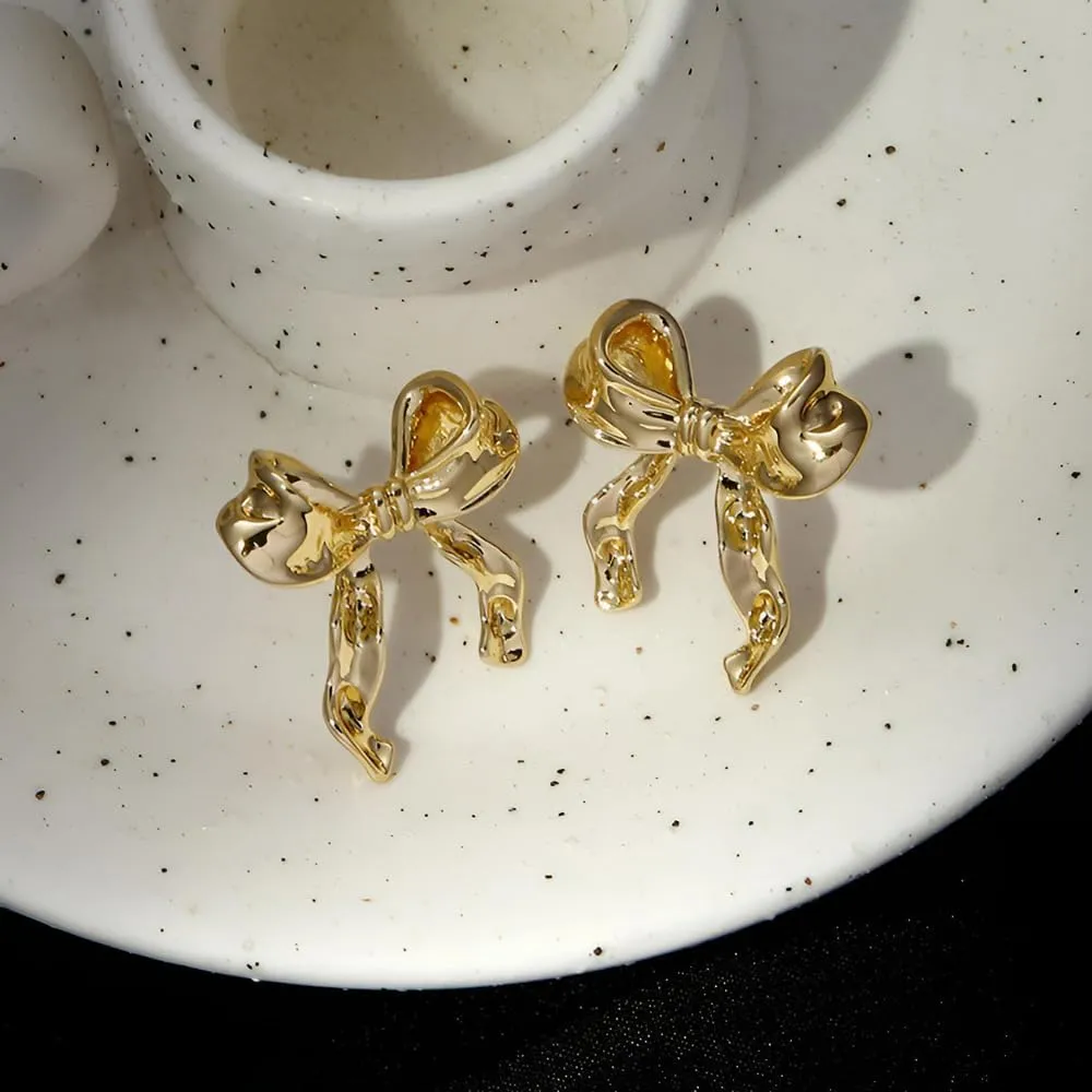Gold Silver Bow Earrings Women Ribbon Stud Earrings Gift
