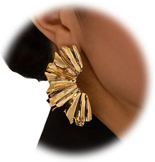 Gold Stud Earrings Gold Statement Earrings For Women Exaggerated Large Flower Stud Earrings Metal Geometric Sectored Stud Earrings Irregular Minimalist Large Earrings Jewelry Gifts (Gold-C)