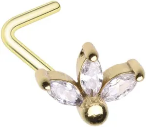 Golden Cubic Lotus Flower Prong Set Gem L-Shape Nose Ring