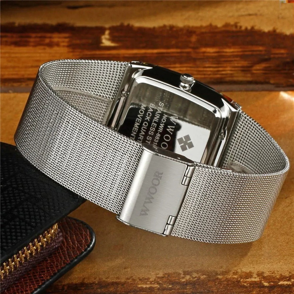 Gosasa Men Watch Classic Analog Quartz Date Stainless Steel Milanese Mesh Band Ultra-Thin Rectangle Dial Luminous