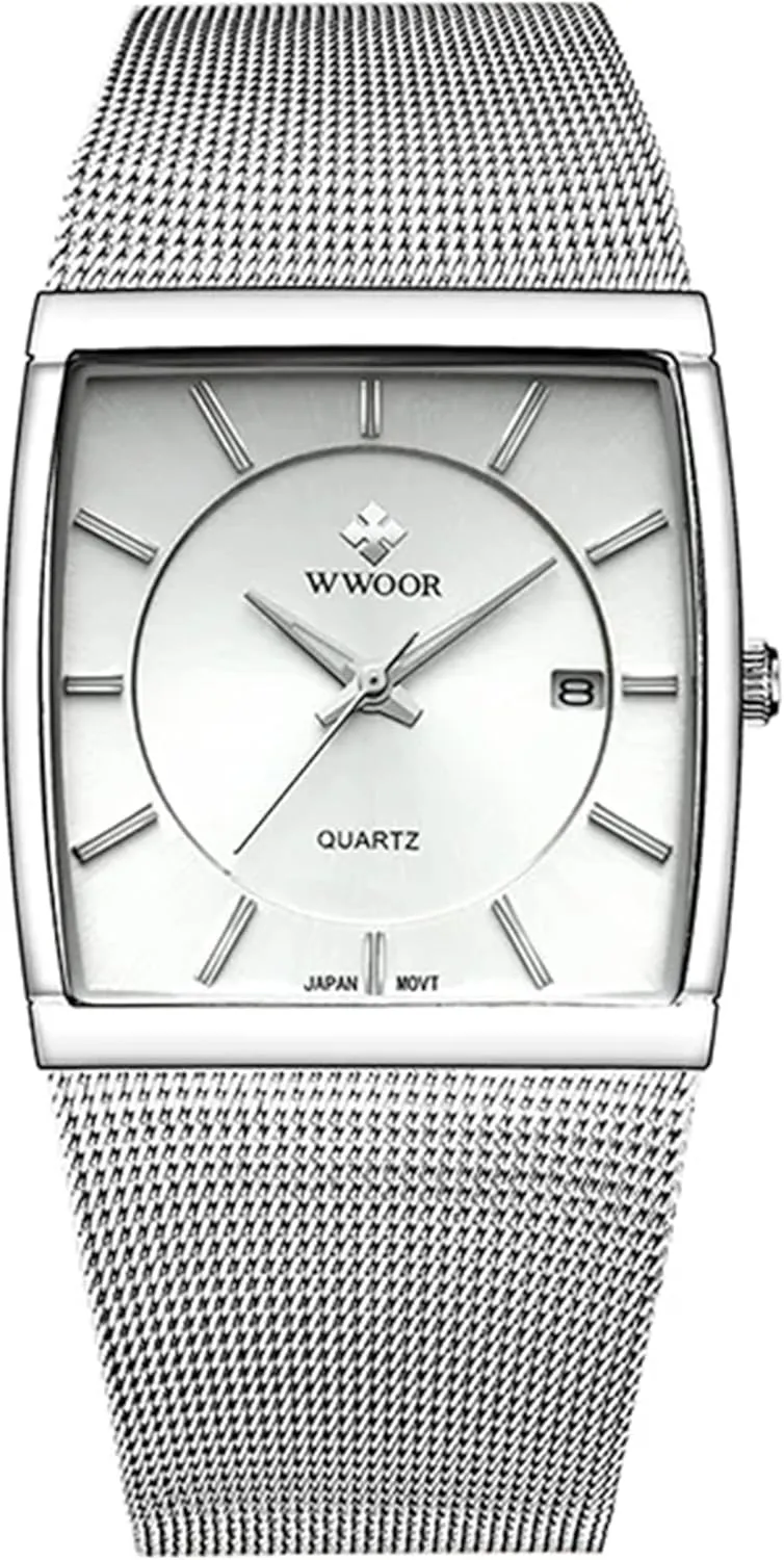 Gosasa Men Watch Classic Analog Quartz Date Stainless Steel Milanese Mesh Band Ultra-Thin Rectangle Dial Luminous