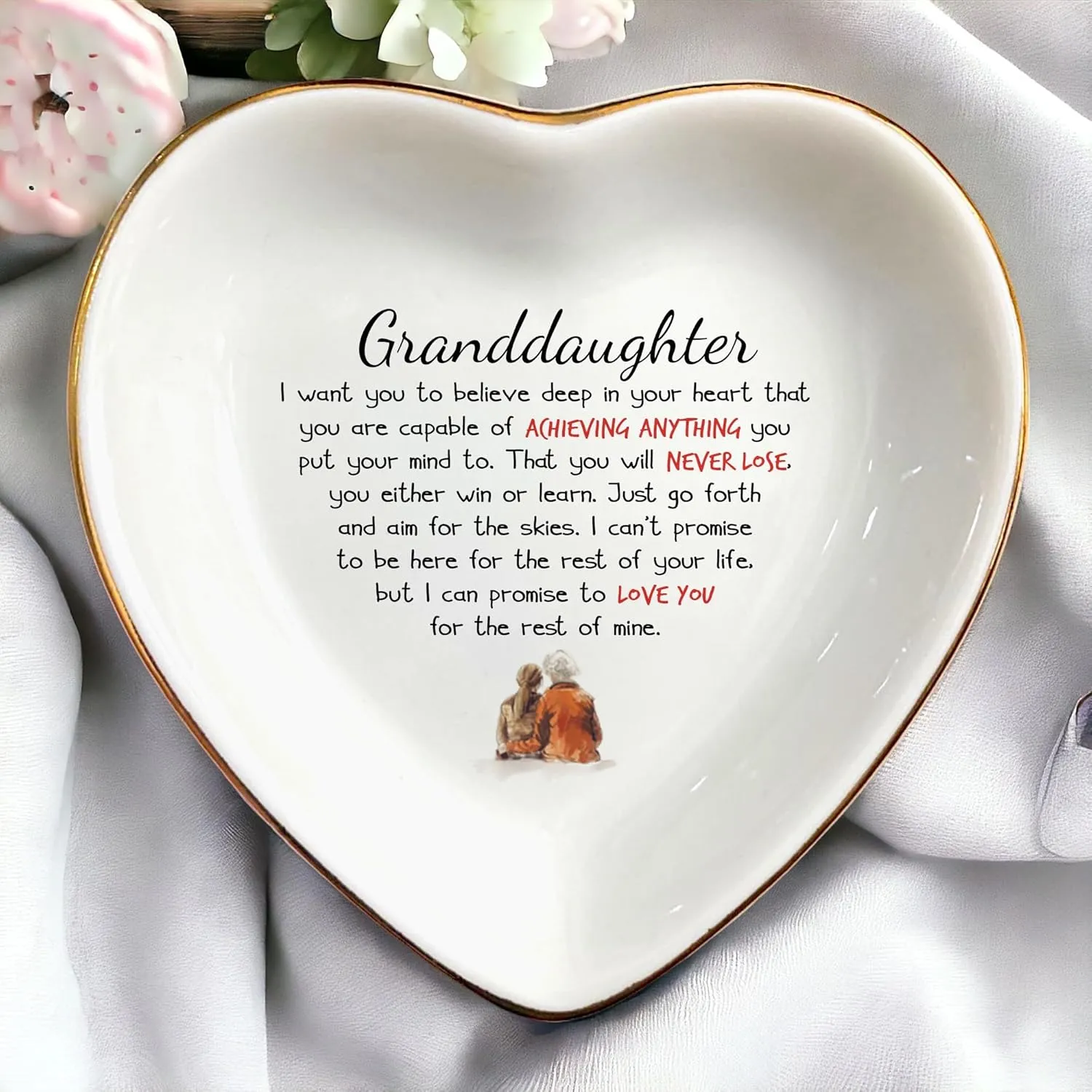 Granddaughter Ring Dish Gift,Gifts for Granddaughter Birthday,Graduation,Christmas,Grandma and Granddaughter Gift-Ceramic Jewelry Trinket Dish for Her, White, C89-HED2-0001