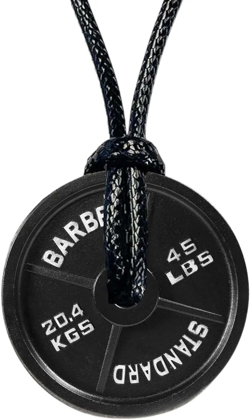 Gym Gifts for Men and Women: Black 45 lb Plate Necklace, Adjustable Cotton Rope Cord, Motivational Gym Rat Gifts for Women, Stylish 1.5in Diameter Motivation