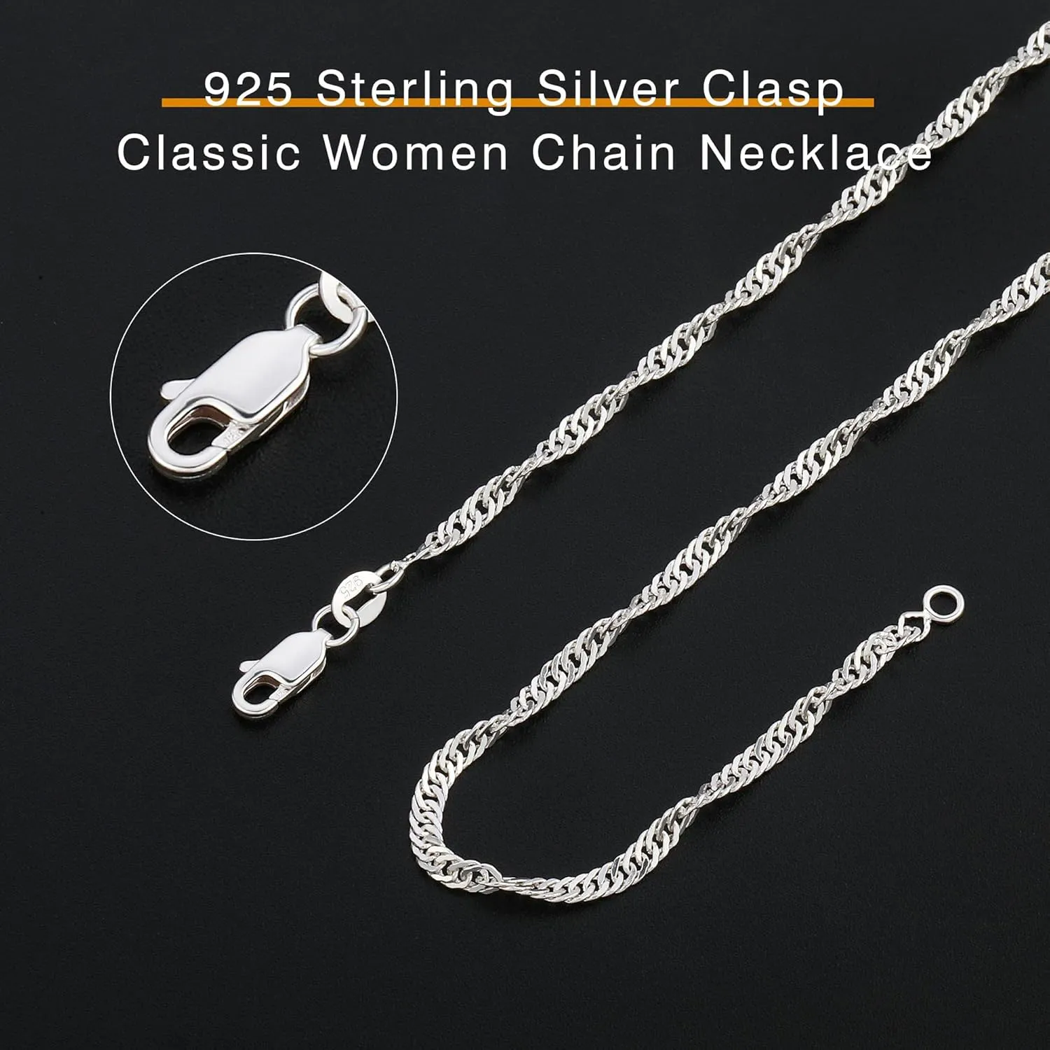 Hadoken 925 Sterling Silver Clasp 2/2.5mm Singapore Chain for Women Girls Water Wave Chain Silver Necklace 16/18/20/22/24/26/28/30 Inch
