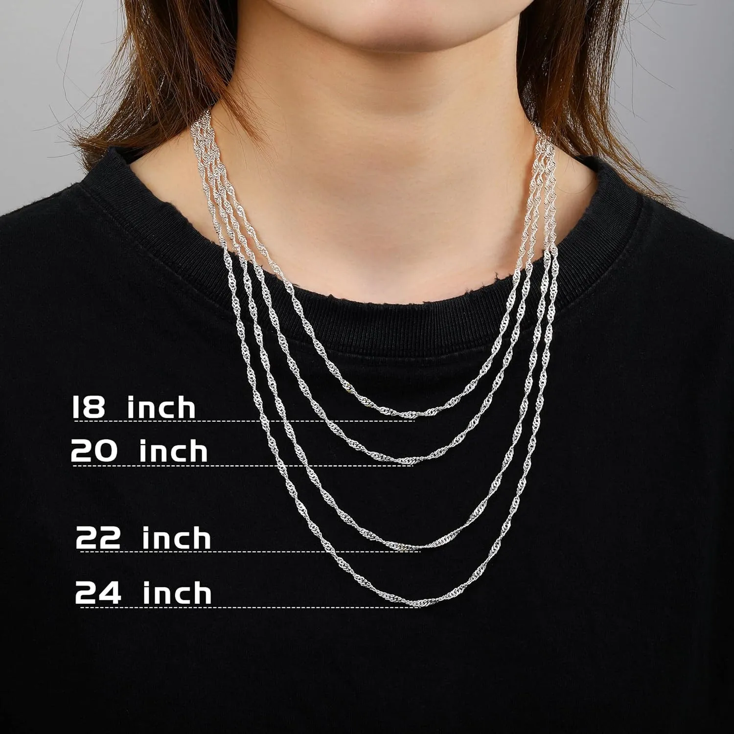 Hadoken 925 Sterling Silver Clasp 2/2.5mm Singapore Chain for Women Girls Water Wave Chain Silver Necklace 16/18/20/22/24/26/28/30 Inch