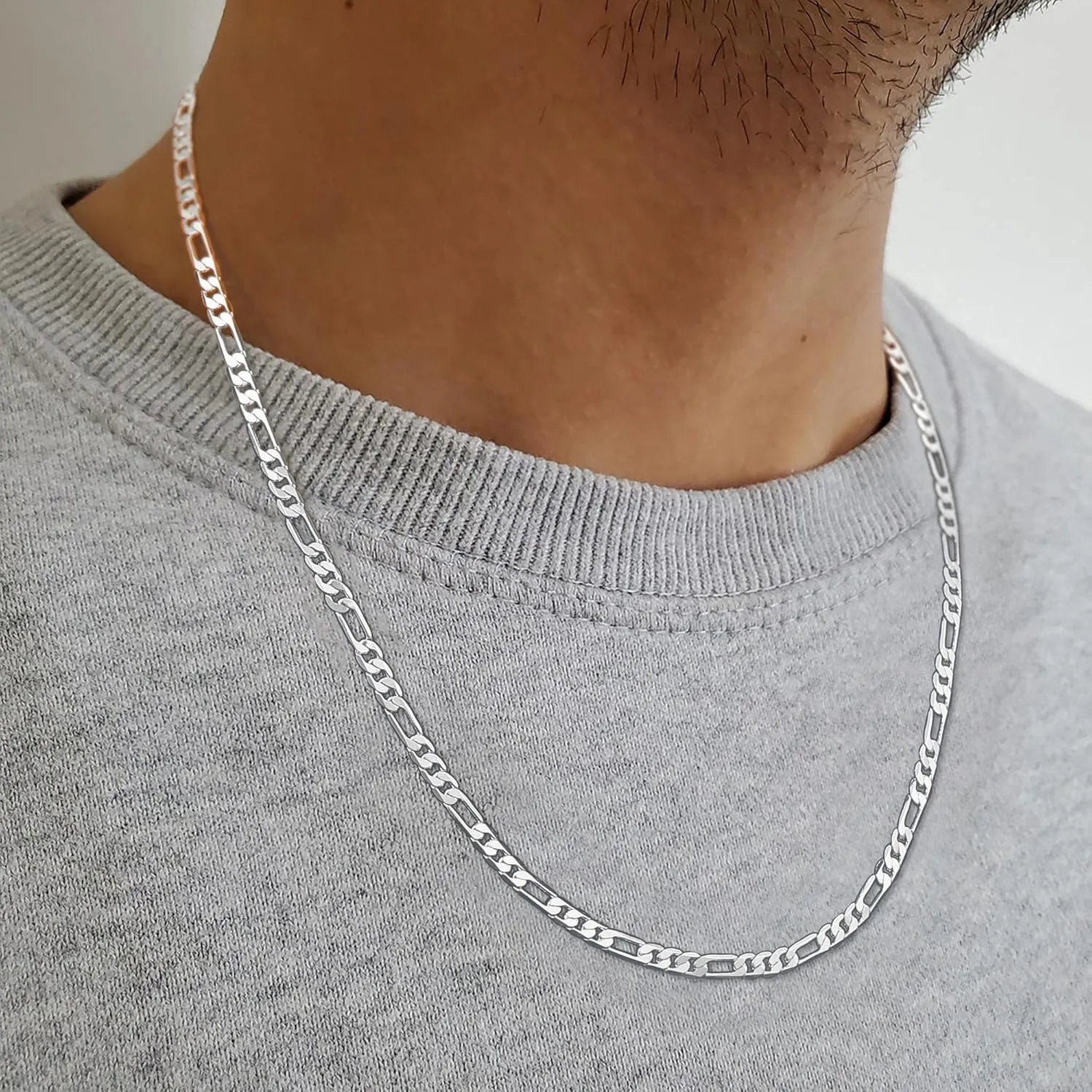 Hadoken 925 Sterling Silver Clasp 3/4/5mm Diamond Cut Figaro Link Chain Necklace for Men Women 16/18/20/22/24/26/28/30 Inch