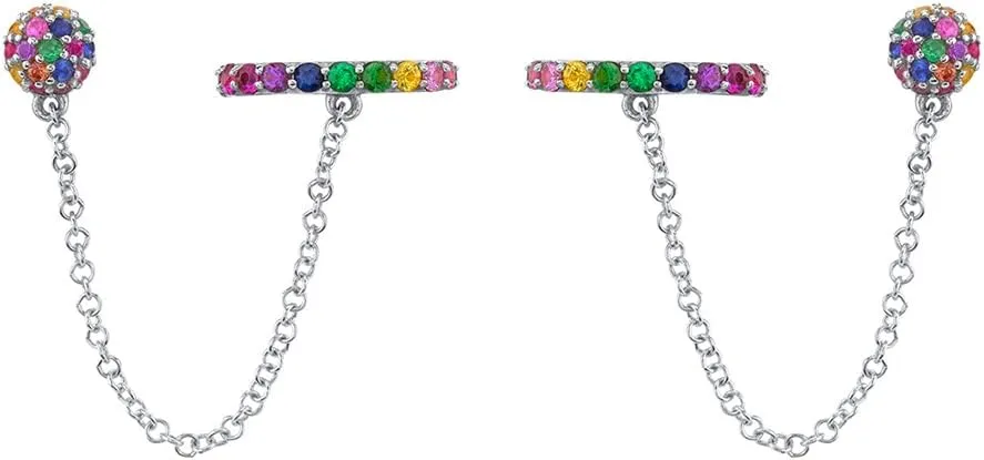 Half Ball Stud Rainbow Colorful CZ Cuff Wrap Clip On Cartilage Earrings for Women Sensitive Ear Cute 925 Sterling Silver Post Hypoallergenic Crystal Crawler Climber Chain Fashion Jewelry Gifts