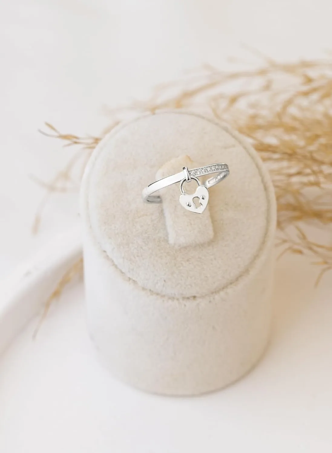 Half Pave Diamond Dangling Heart Lock Ring | Couple Love Lock Ring | Trendy Vintage Gold Band