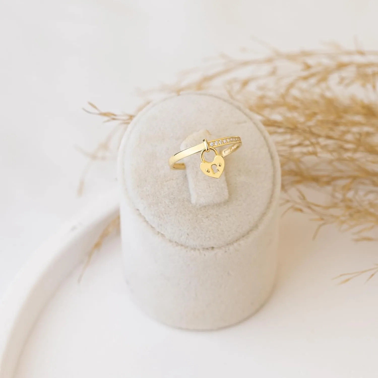 Half Pave Diamond Dangling Heart Lock Ring | Couple Love Lock Ring | Trendy Vintage Gold Band