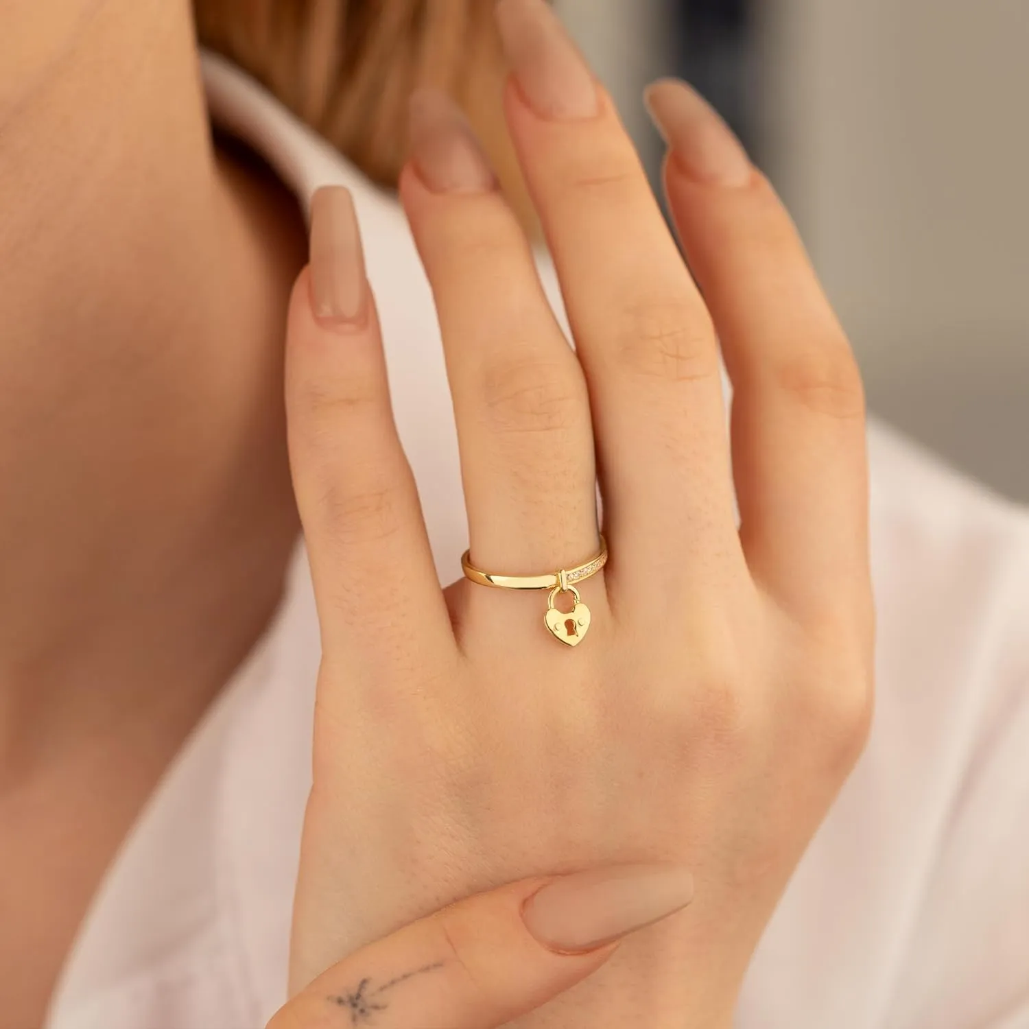 Half Pave Diamond Dangling Heart Lock Ring | Couple Love Lock Ring | Trendy Vintage Gold Band