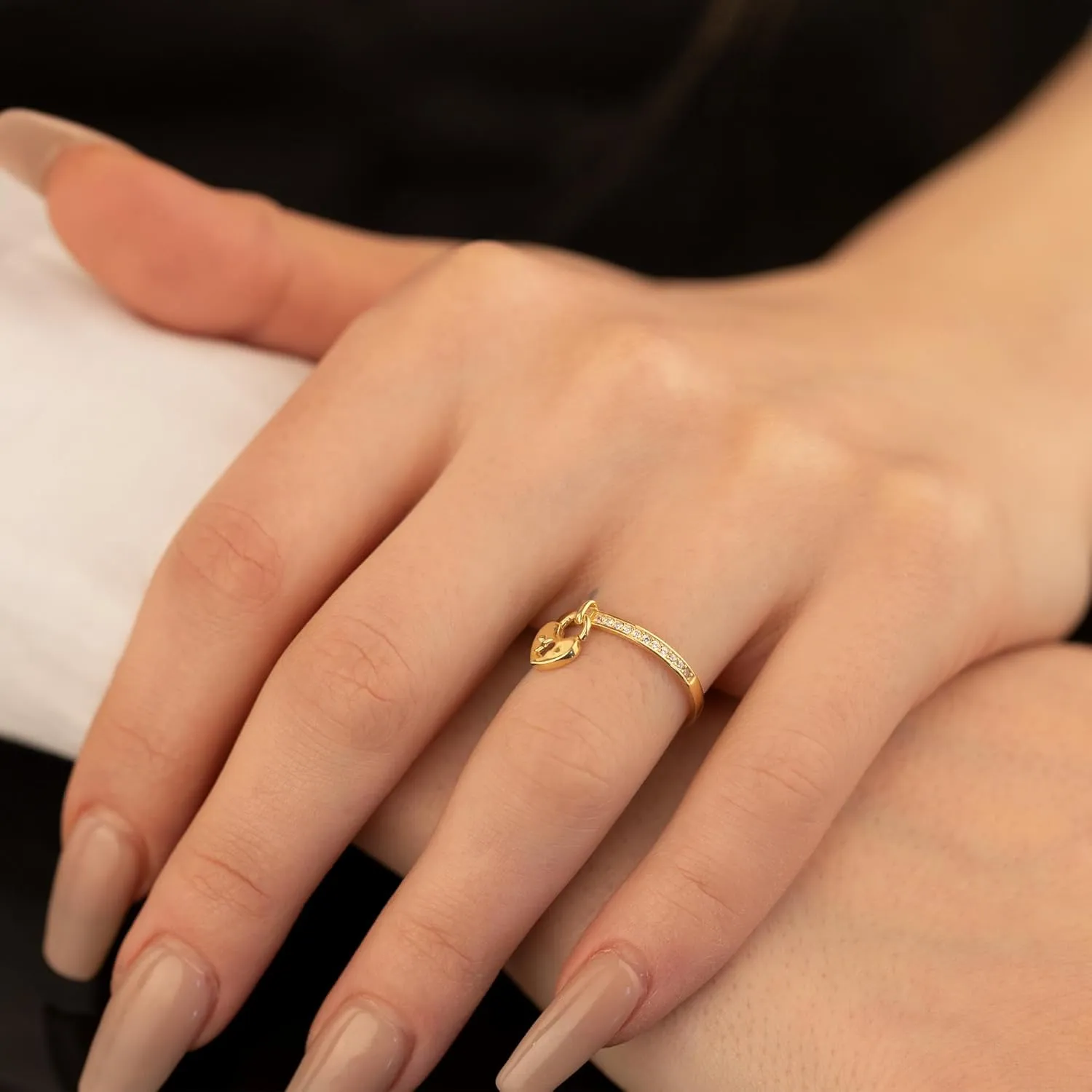 Half Pave Diamond Dangling Heart Lock Ring | Couple Love Lock Ring | Trendy Vintage Gold Band