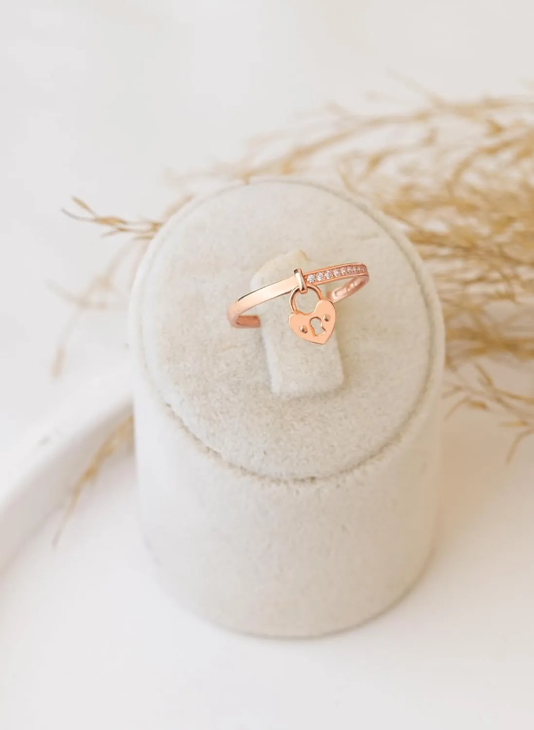 Half Pave Diamond Dangling Heart Lock Ring | Couple Love Lock Ring | Trendy Vintage Gold Band