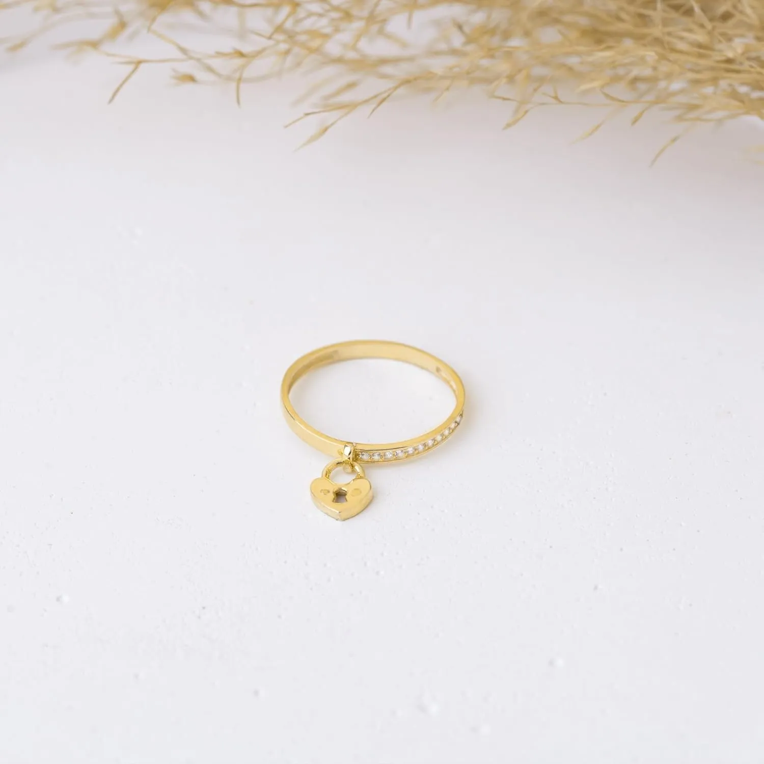 Half Pave Diamond Dangling Heart Lock Ring | Couple Love Lock Ring | Trendy Vintage Gold Band