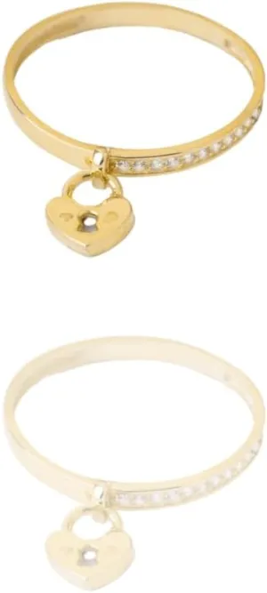 Half Pave Diamond Dangling Heart Lock Ring | Couple Love Lock Ring | Trendy Vintage Gold Band
