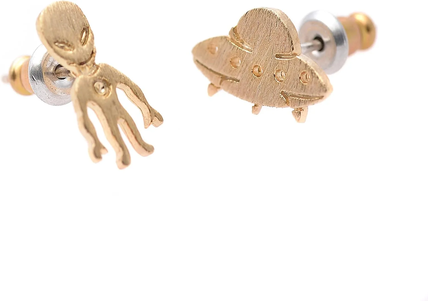Handcrafted Brushed Metal Alien and UFO Stud Earrings