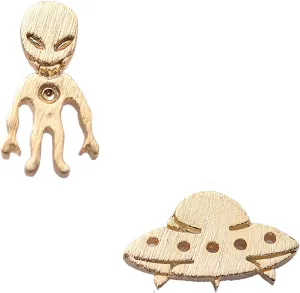 Handcrafted Brushed Metal Alien and UFO Stud Earrings