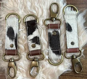Handcrafted Genuine Leather Cowhide Keychain Fob - Brown and White Hair On keychain | Leather Keychain
