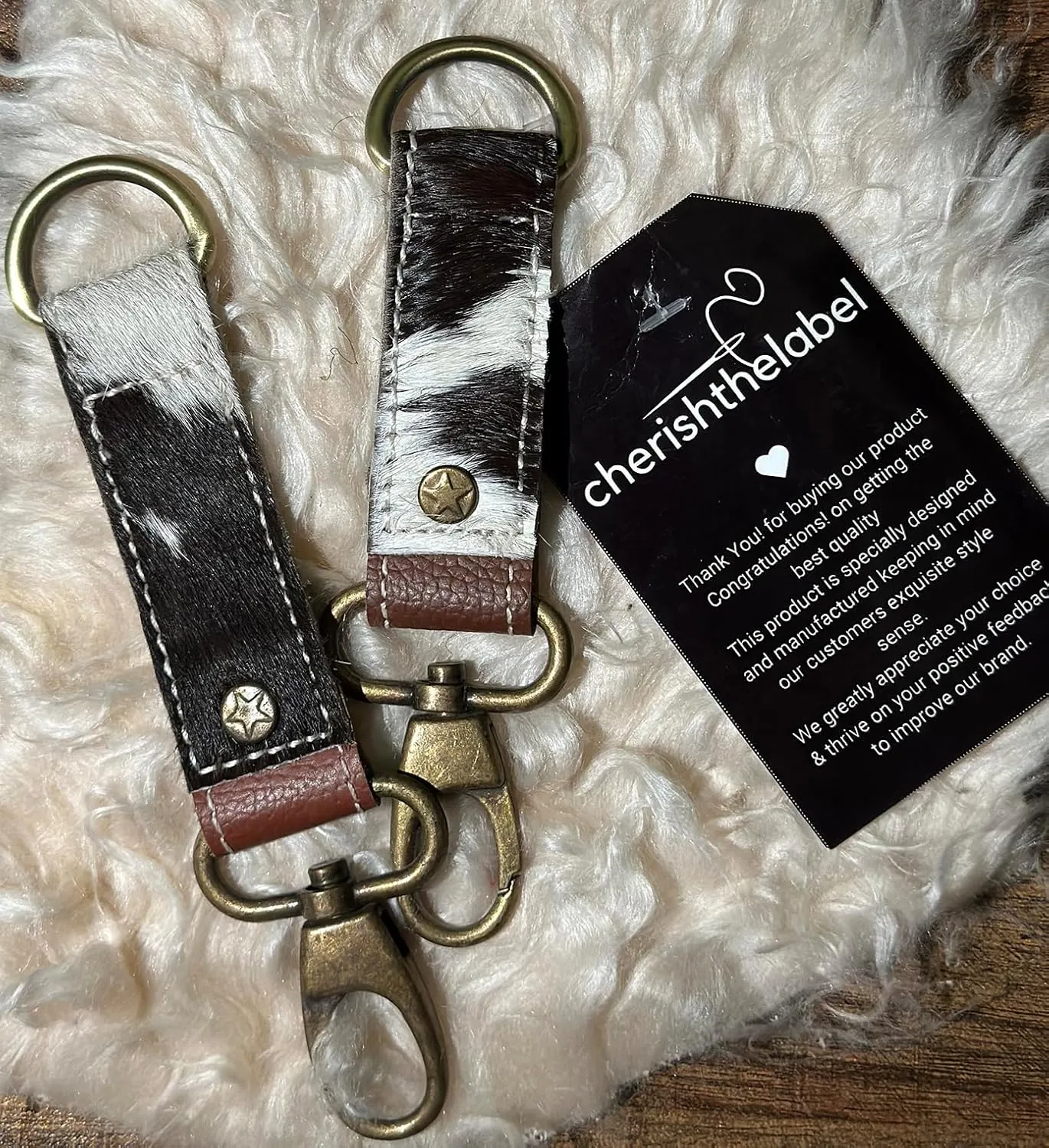 Handcrafted Genuine Leather Cowhide Keychain Fob - Brown and White Hair On keychain | Leather Keychain