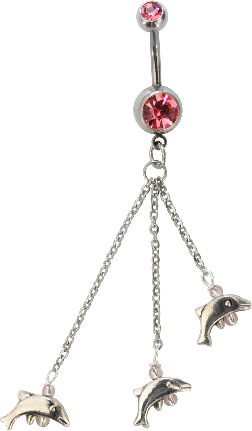 Handcrafted Navel Ring Curved Barbell Body Piercing Silver Dolphin Pink Rhinestone Dangle Belly Button Ring