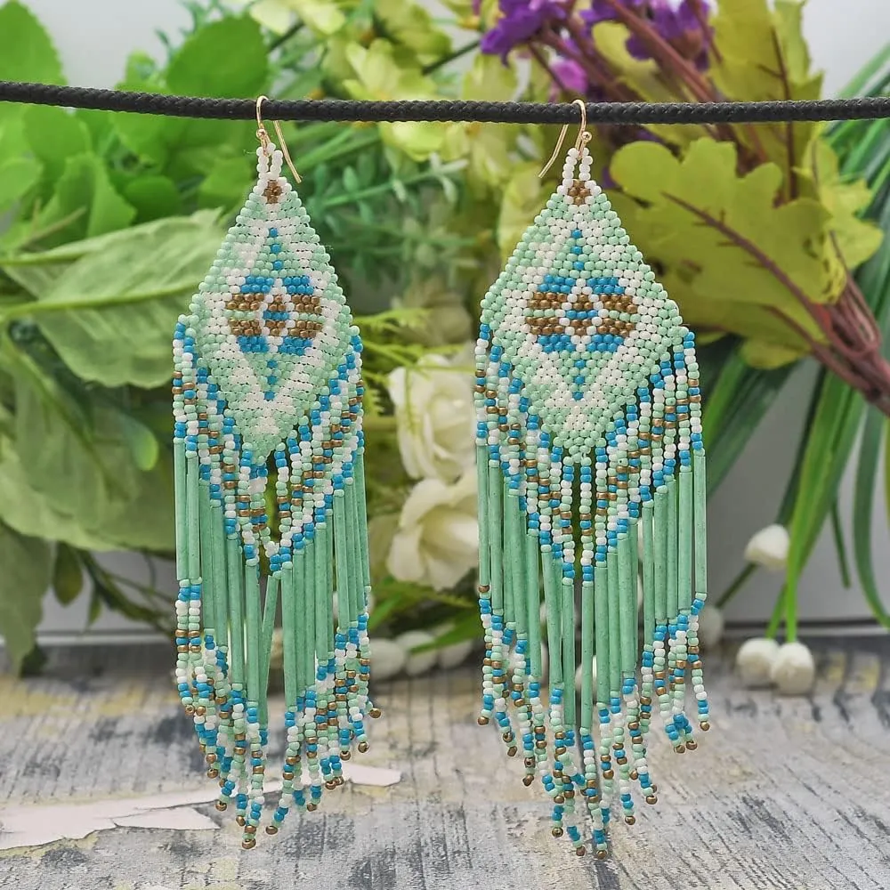 Handmade Colorful Native American Beaded Earrings,Hoop Dangle Earrings, Bohemia Boho Native Tassel Earrings