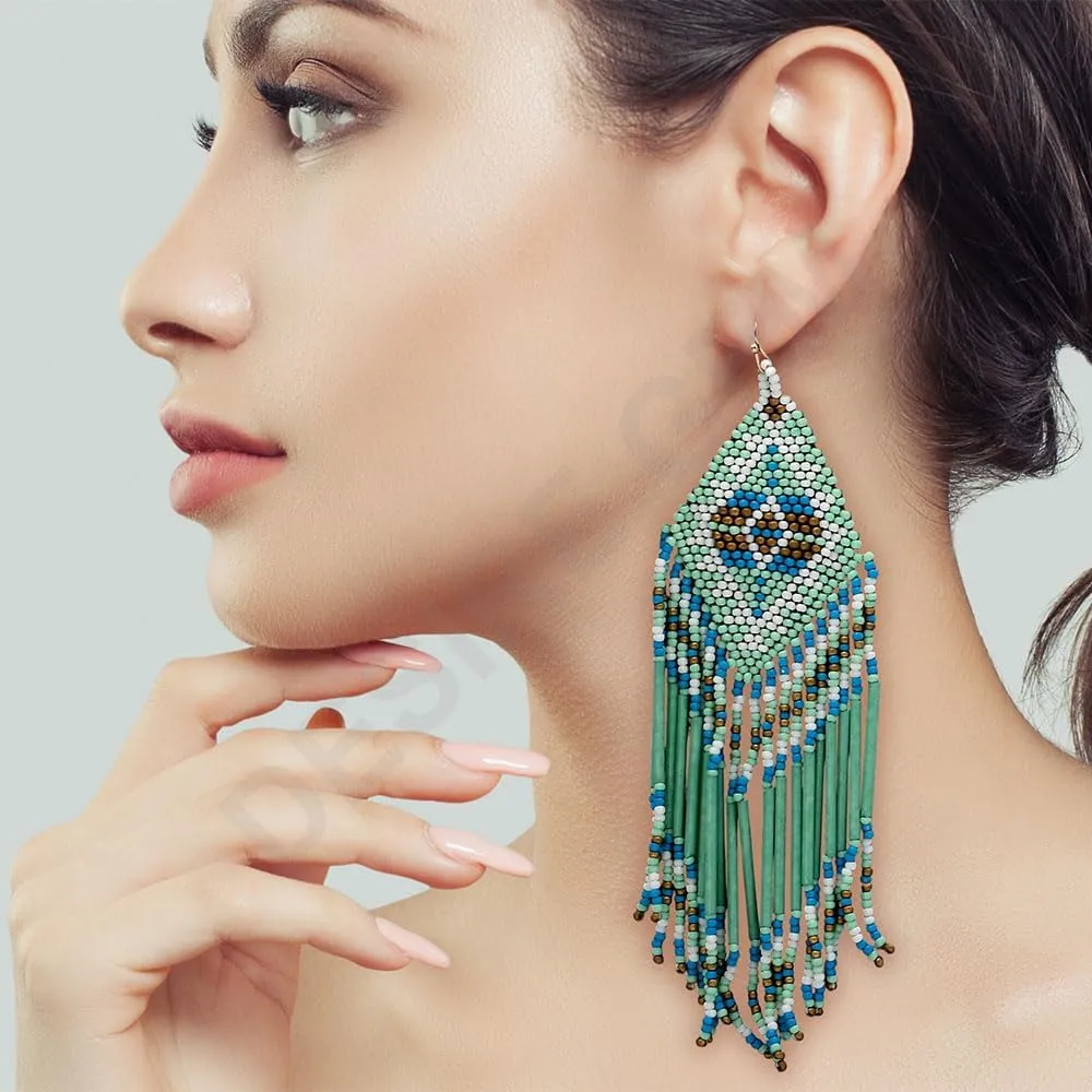 Handmade Colorful Native American Beaded Earrings,Hoop Dangle Earrings, Bohemia Boho Native Tassel Earrings