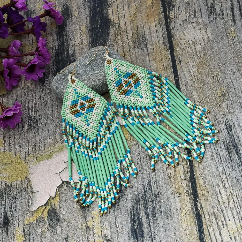 Handmade Colorful Native American Beaded Earrings,Hoop Dangle Earrings, Bohemia Boho Native Tassel Earrings