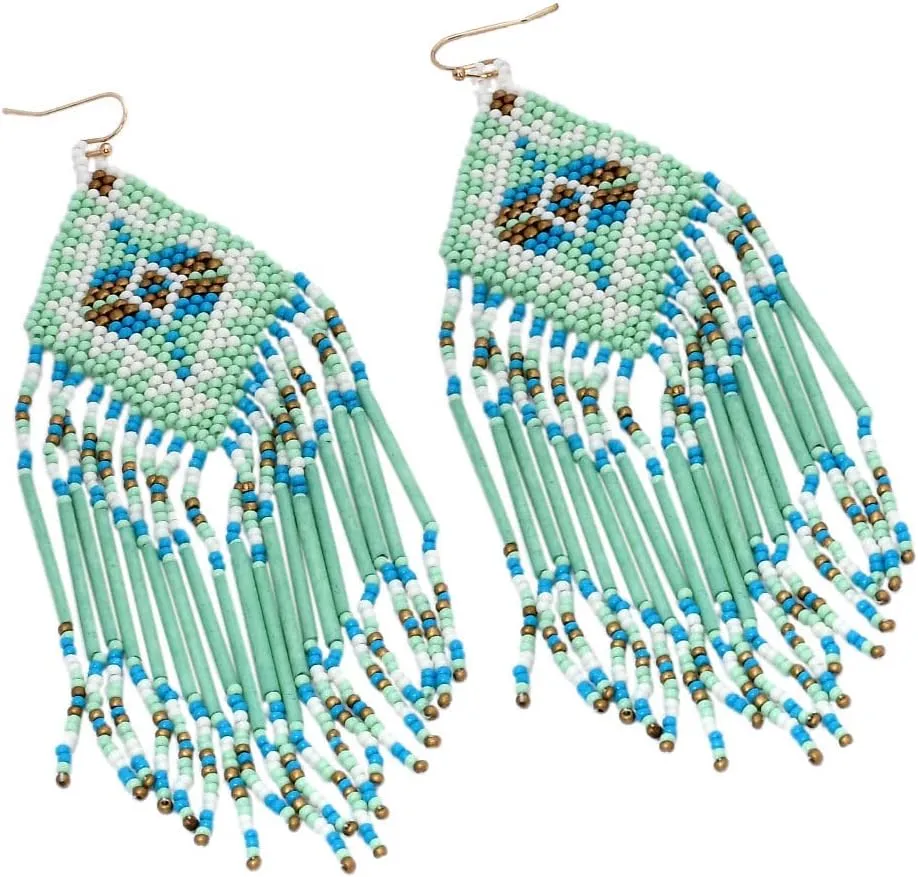 Handmade Colorful Native American Beaded Earrings,Hoop Dangle Earrings, Bohemia Boho Native Tassel Earrings