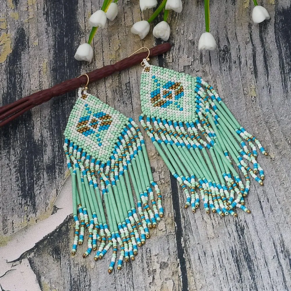 Handmade Colorful Native American Beaded Earrings,Hoop Dangle Earrings, Bohemia Boho Native Tassel Earrings