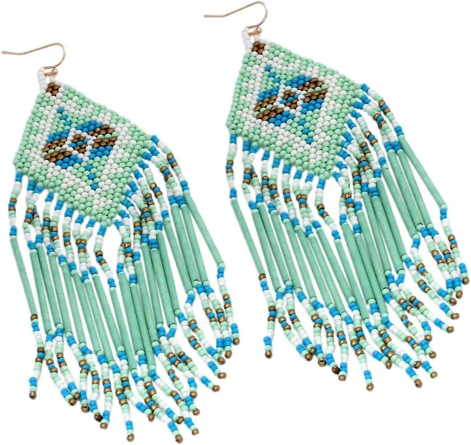 Handmade Colorful Native American Beaded Earrings,Hoop Dangle Earrings, Bohemia Boho Native Tassel Earrings