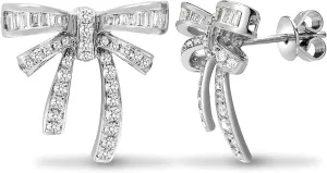Handmade Real 925 Sterling Silver 14K White Gold Plated Round Cut White Diamond Beautiful Bow Design Pushback Stud Earrings Jewelry Valentine's Day Gifts For a Beloved Women, PABLOD-522