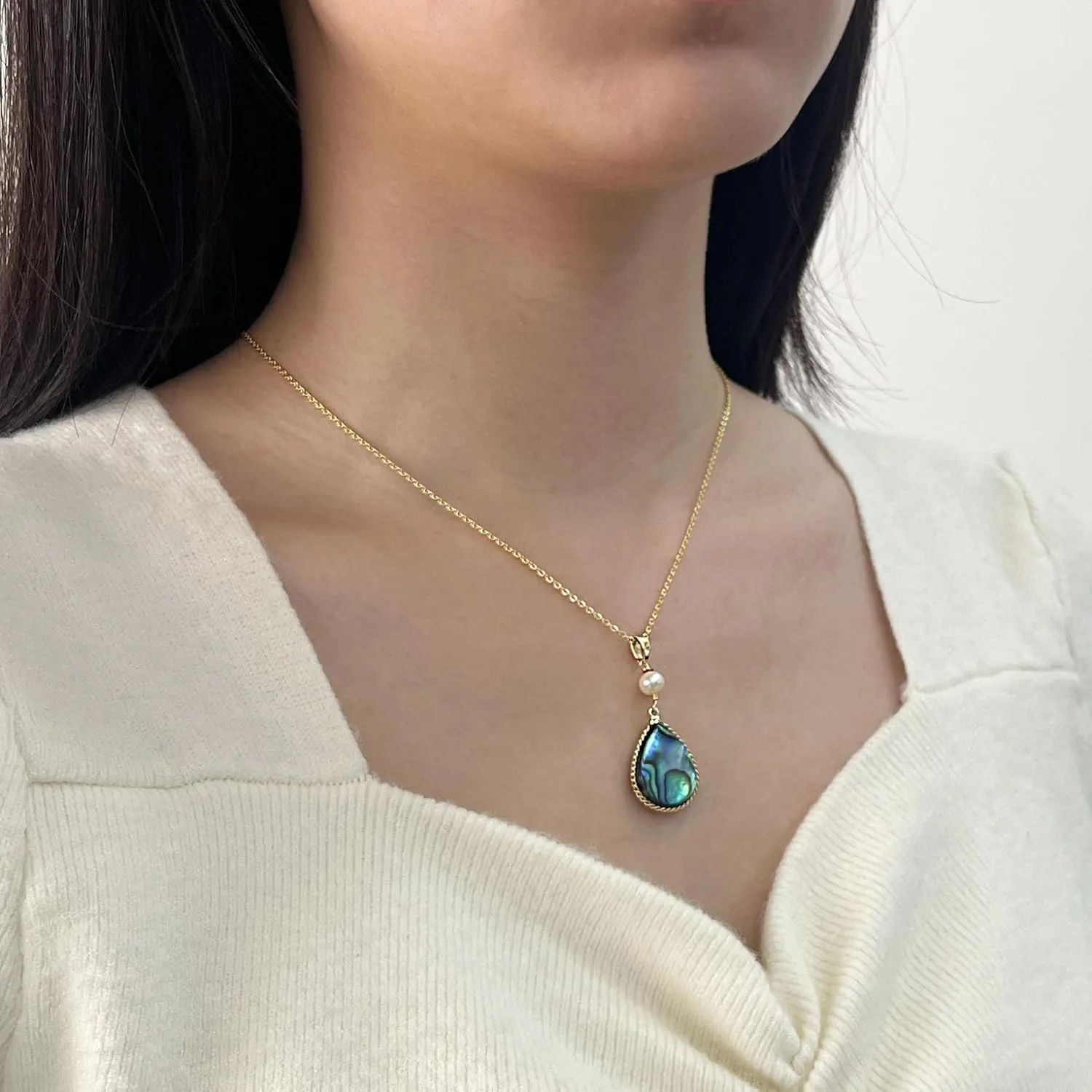 Handmade Wire Craft Pearl Teardrop Abalone Shell Pendant Necklace for Women, 18K Gold Plated