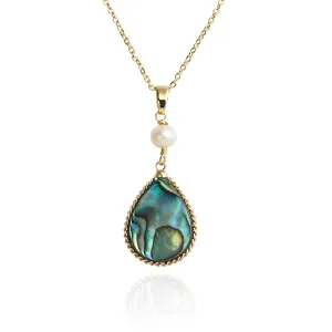 Handmade Wire Craft Pearl Teardrop Abalone Shell Pendant Necklace for Women, 18K Gold Plated