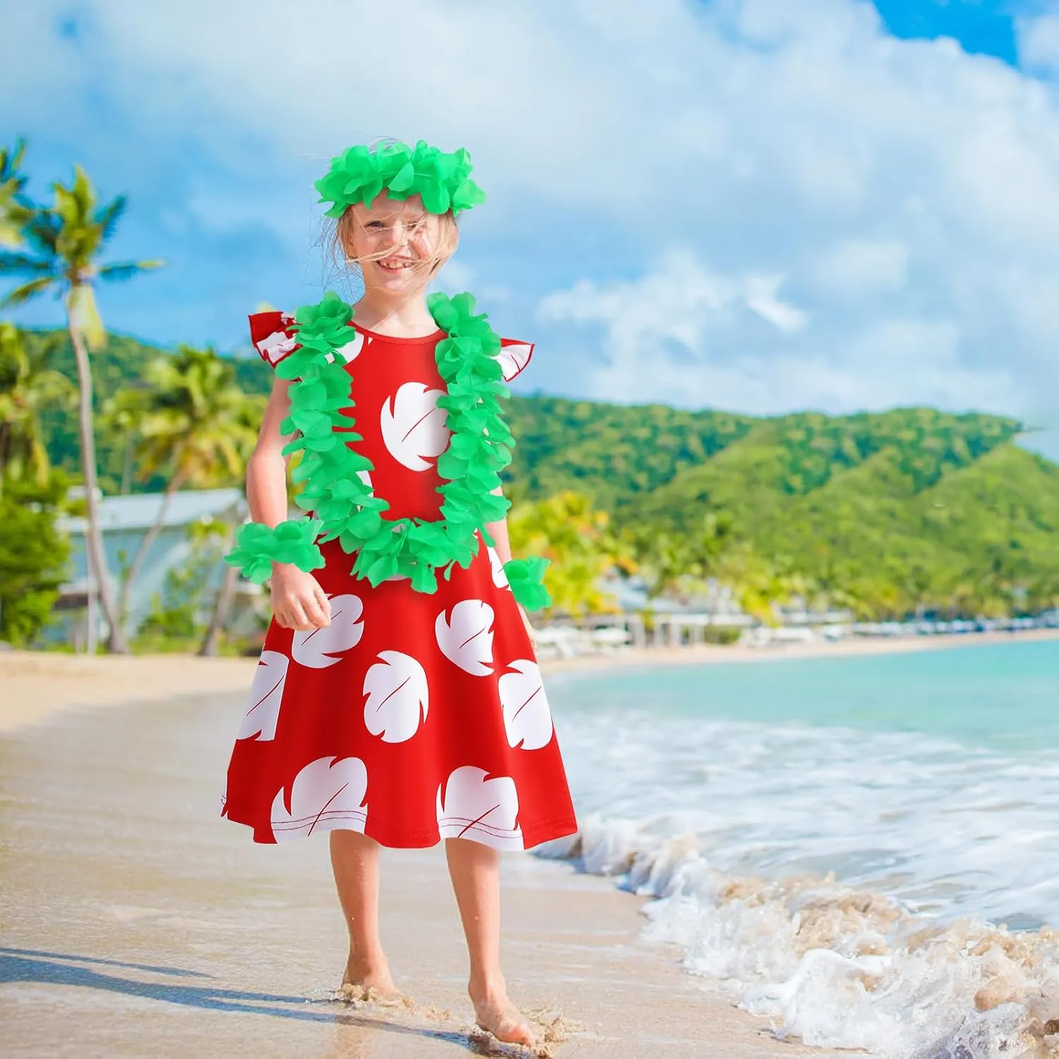 Hawaiian Little Girls Costume Dress with Luau Flower Leis Accessories Flower Hair Clip Toddler Halloween Party Cosplay Outfit