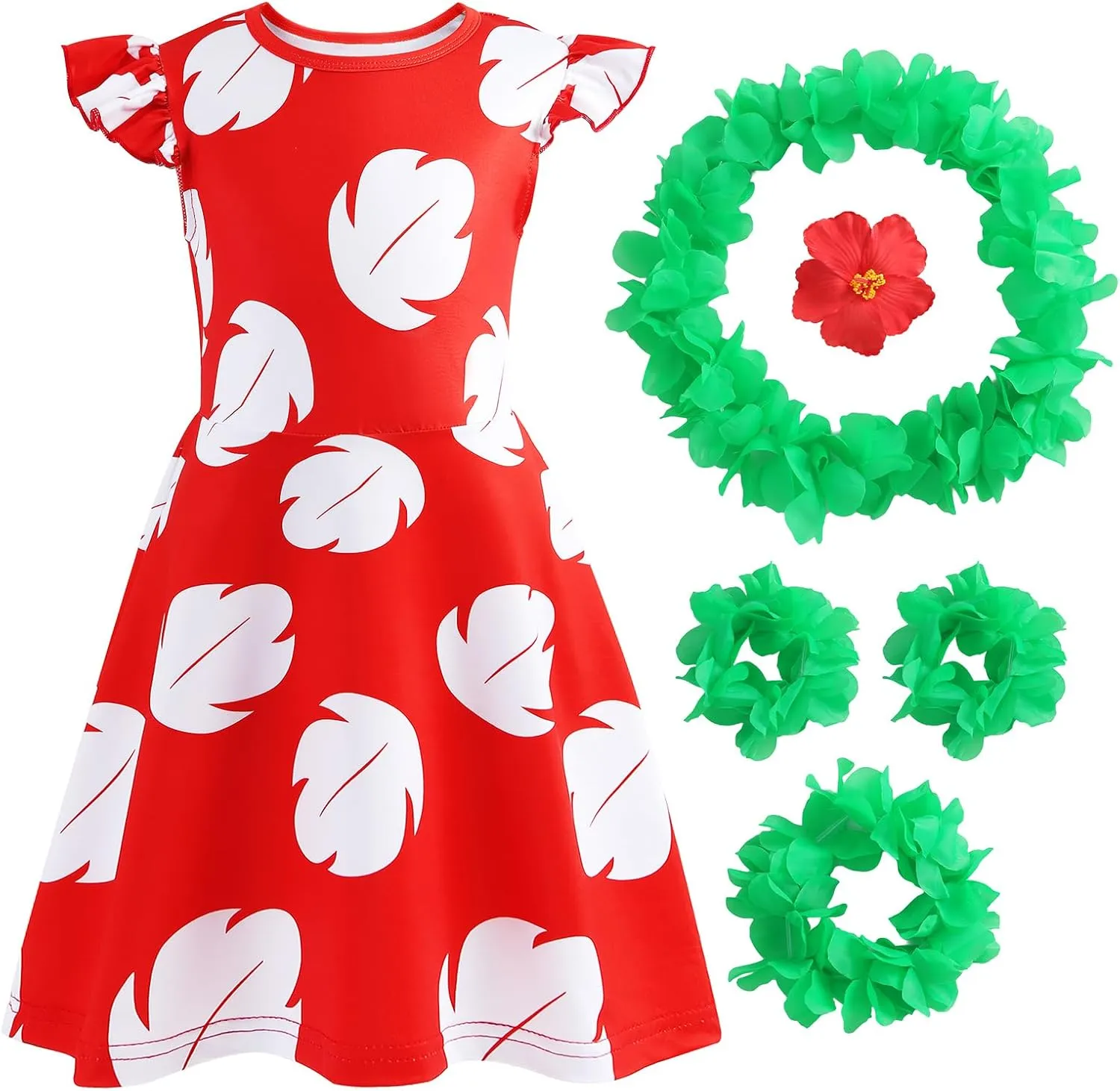 Hawaiian Little Girls Costume Dress with Luau Flower Leis Accessories Flower Hair Clip Toddler Halloween Party Cosplay Outfit