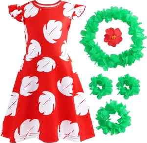 Hawaiian Little Girls Costume Dress with Luau Flower Leis Accessories Flower Hair Clip Toddler Halloween Party Cosplay Outfit