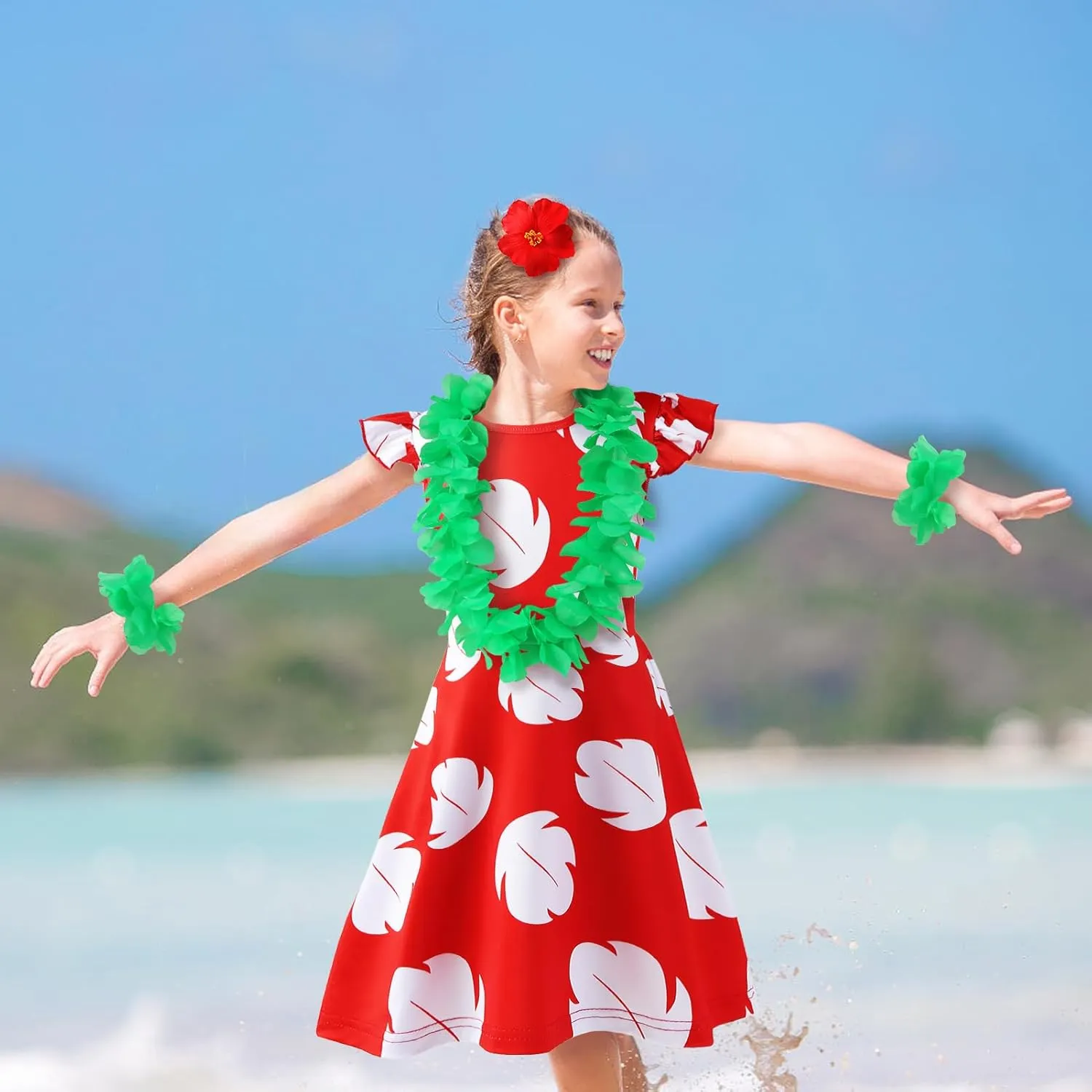 Hawaiian Little Girls Costume Dress with Luau Flower Leis Accessories Flower Hair Clip Toddler Halloween Party Cosplay Outfit