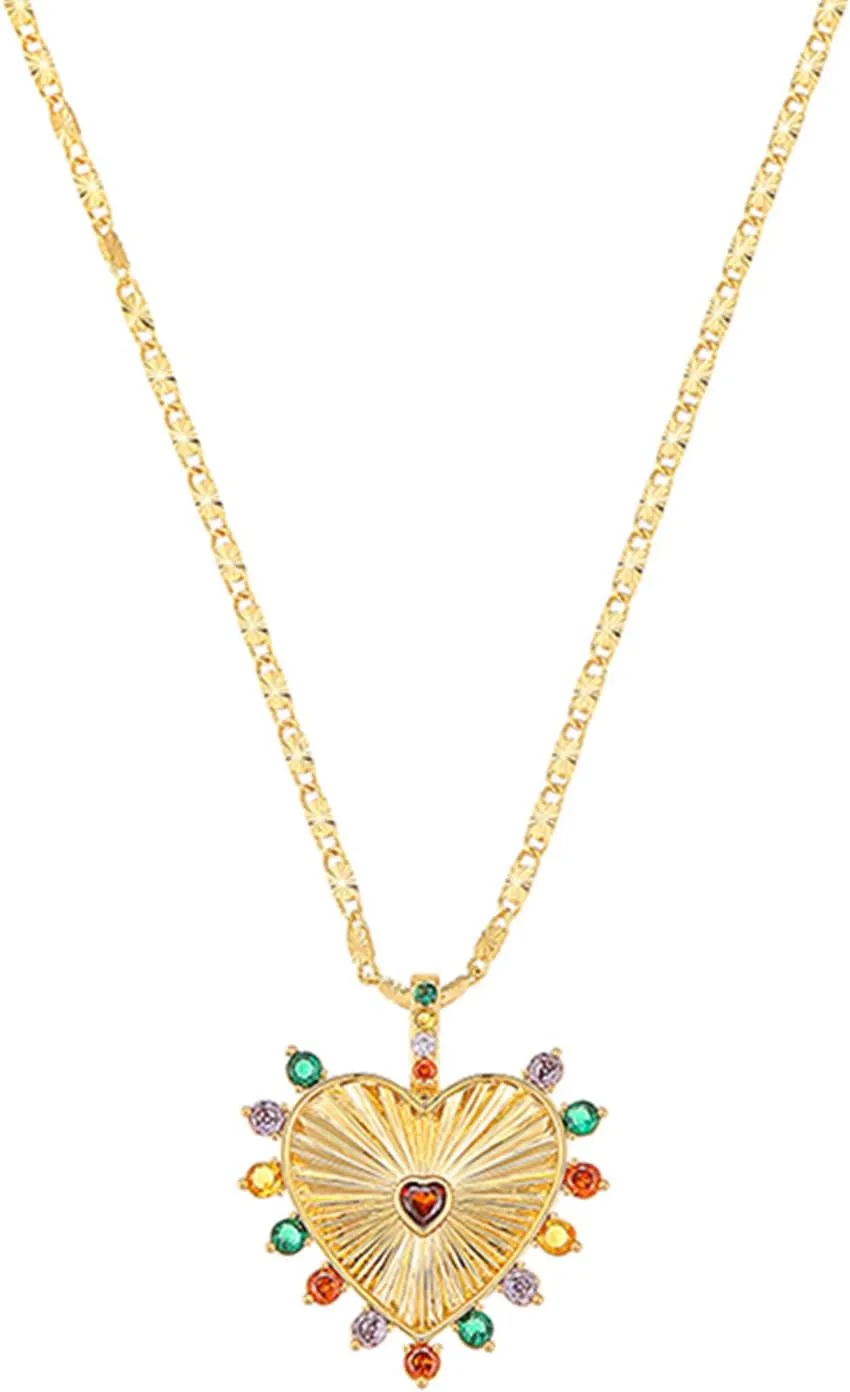 Heart Charm Necklace for Women 18K Gold Plated Heart Pendant Necklace Chunky Choker Chain Necklace With Colored Zircon Trendy Hip Hop Charm Necklace Aesthetic Jewelry