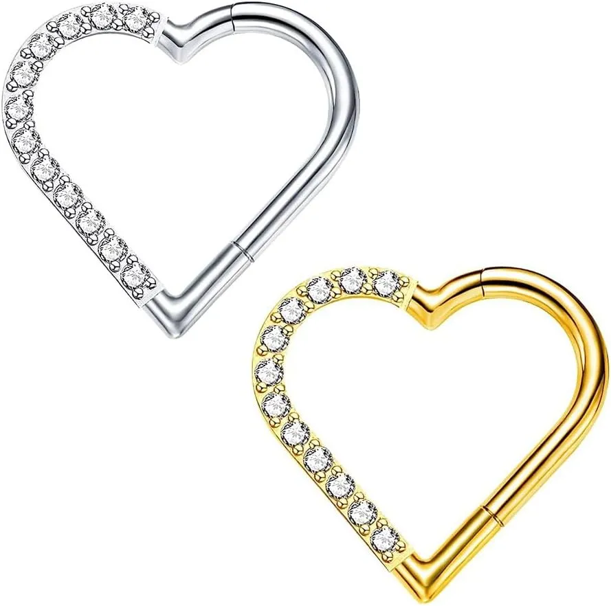 Heart Daith Piercing Rook Tragus Helix Cartilage Conch Earrings 316L Stainless Steel with Cubic Zirconia Hoop Hinged Segment Septum Clicker Ring Nose Rings Hoop Piercing Jewelry