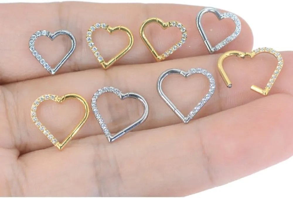 Heart Daith Piercing Rook Tragus Helix Cartilage Conch Earrings 316L Stainless Steel with Cubic Zirconia Hoop Hinged Segment Septum Clicker Ring Nose Rings Hoop Piercing Jewelry