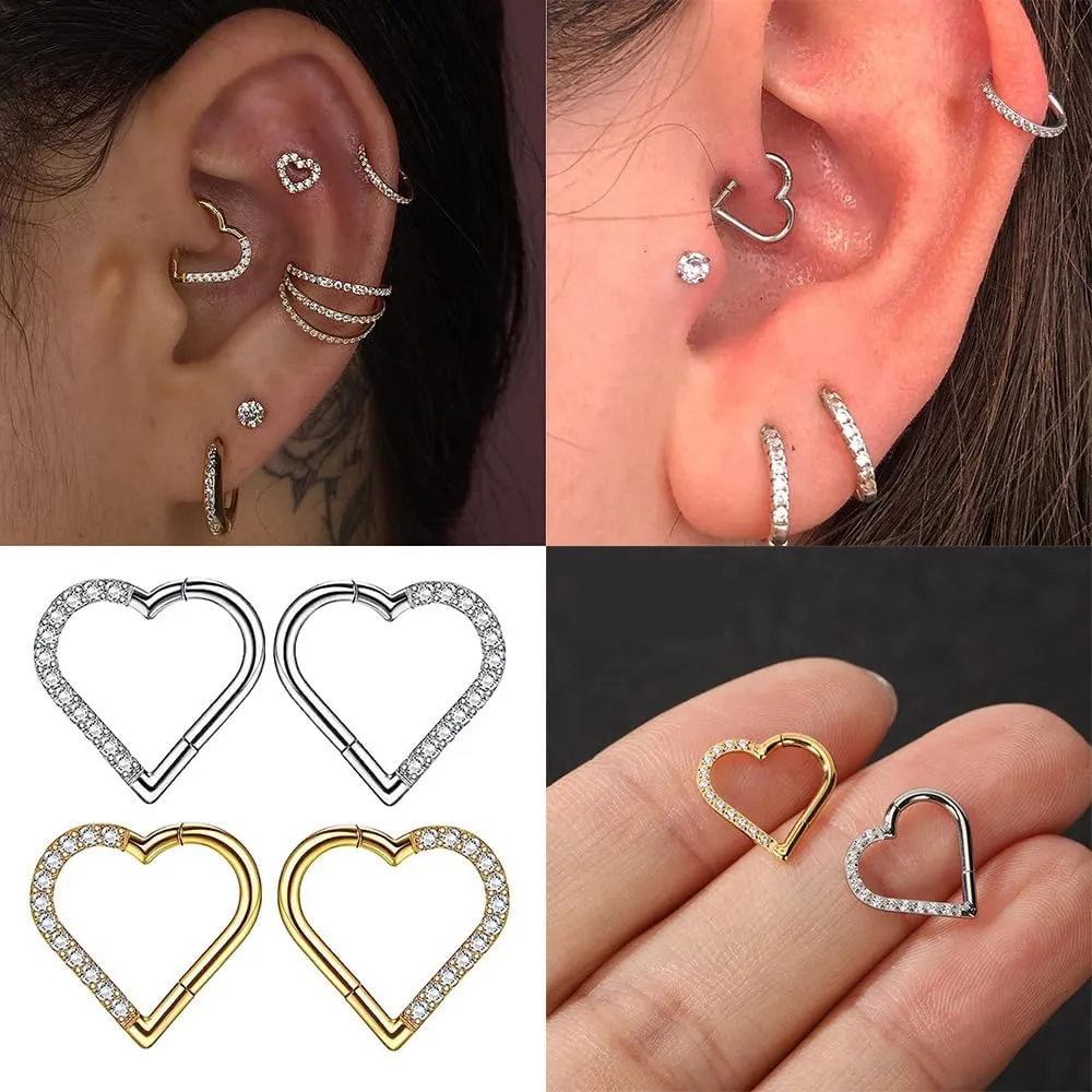 Heart Daith Piercing Rook Tragus Helix Cartilage Conch Earrings 316L Stainless Steel with Cubic Zirconia Hoop Hinged Segment Septum Clicker Ring Nose Rings Hoop Piercing Jewelry