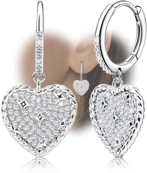 Heart Hoop Earrings with Dangle - Sterling Silver Cubic Zirconia Hypoallergenic Dainty Heart Hoop Earrings with Dangle for Sensitive Ears for Women