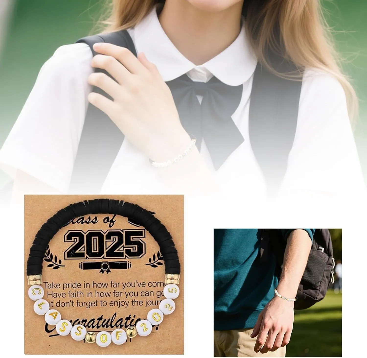 HELLORSO Black Class of 2025 Bracelets Graduation Prom Gifts Class of 2025 Congrats Grad Senior Night Gifts Graduation Cards for Friendship College