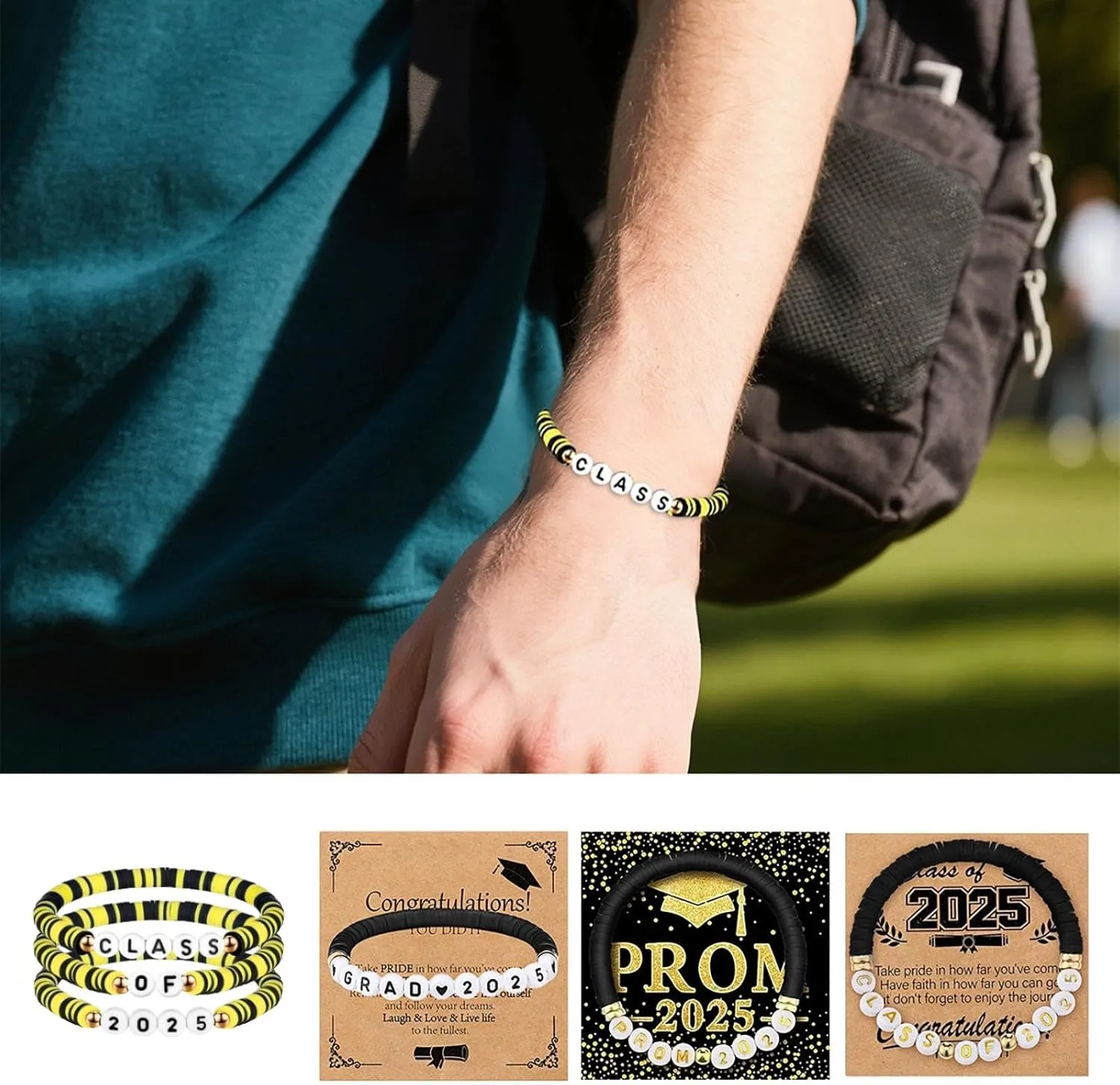 HELLORSO Black Class of 2025 Bracelets Graduation Prom Gifts Class of 2025 Congrats Grad Senior Night Gifts Graduation Cards for Friendship College